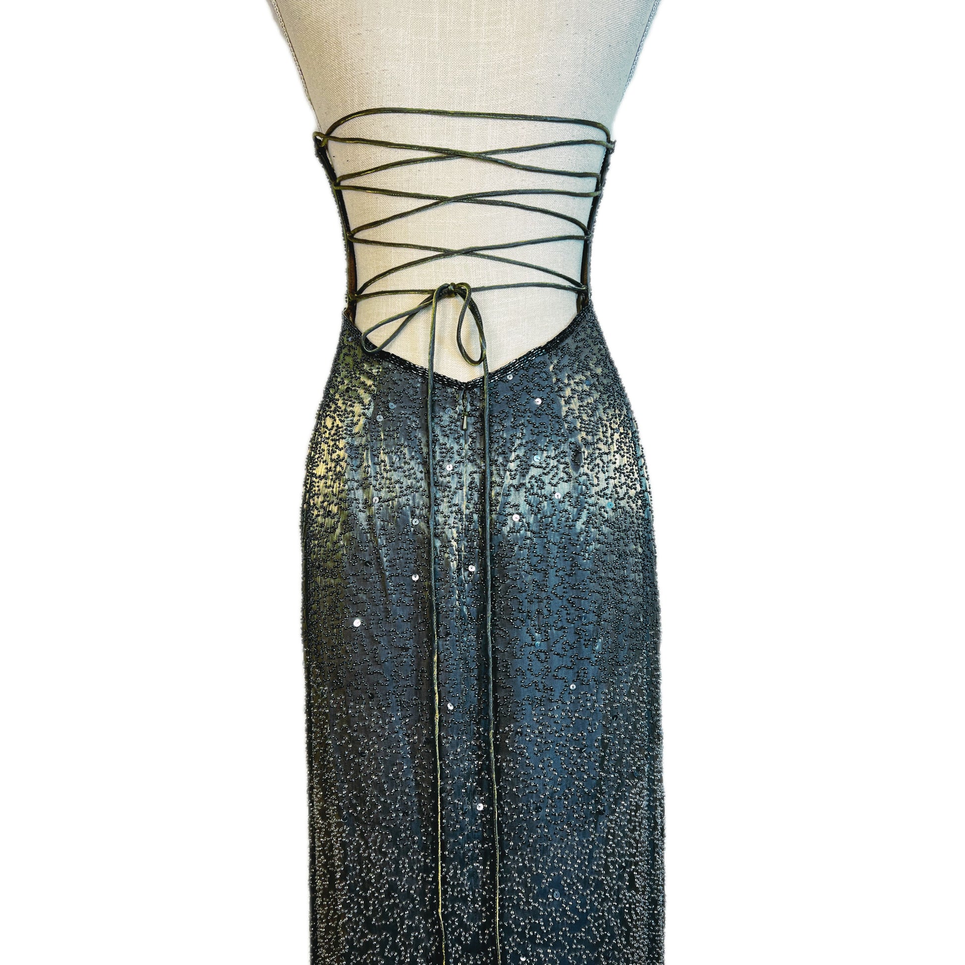 Stunning Vintage SUE WONG Iridescent Backless Embellished Satin Gown