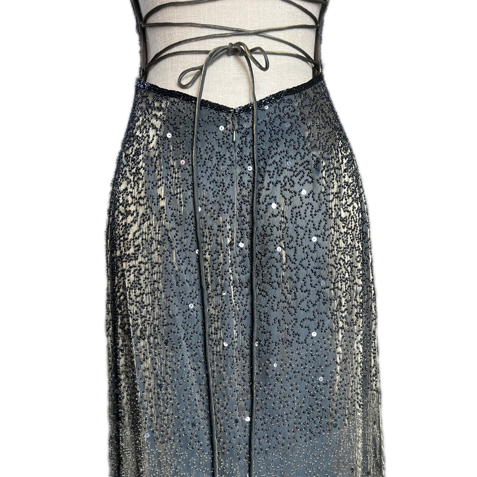 Stunning Vintage SUE WONG Iridescent Backless Embellished Satin Gown