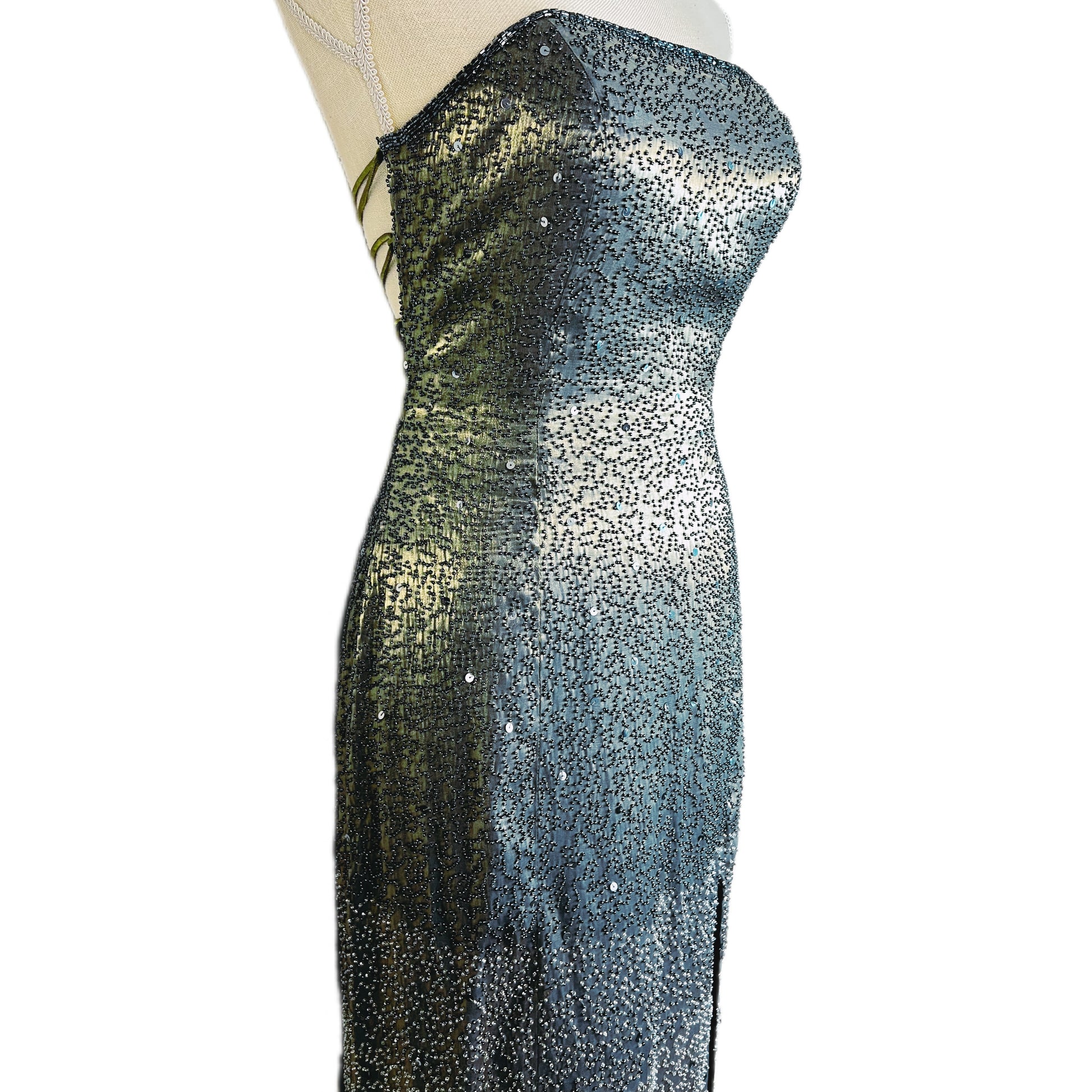 Stunning Vintage SUE WONG Iridescent Backless Embellished Satin Gown