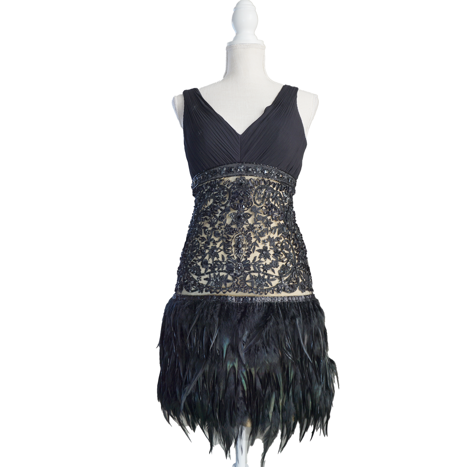embellished and feather sue wong cocktial dress