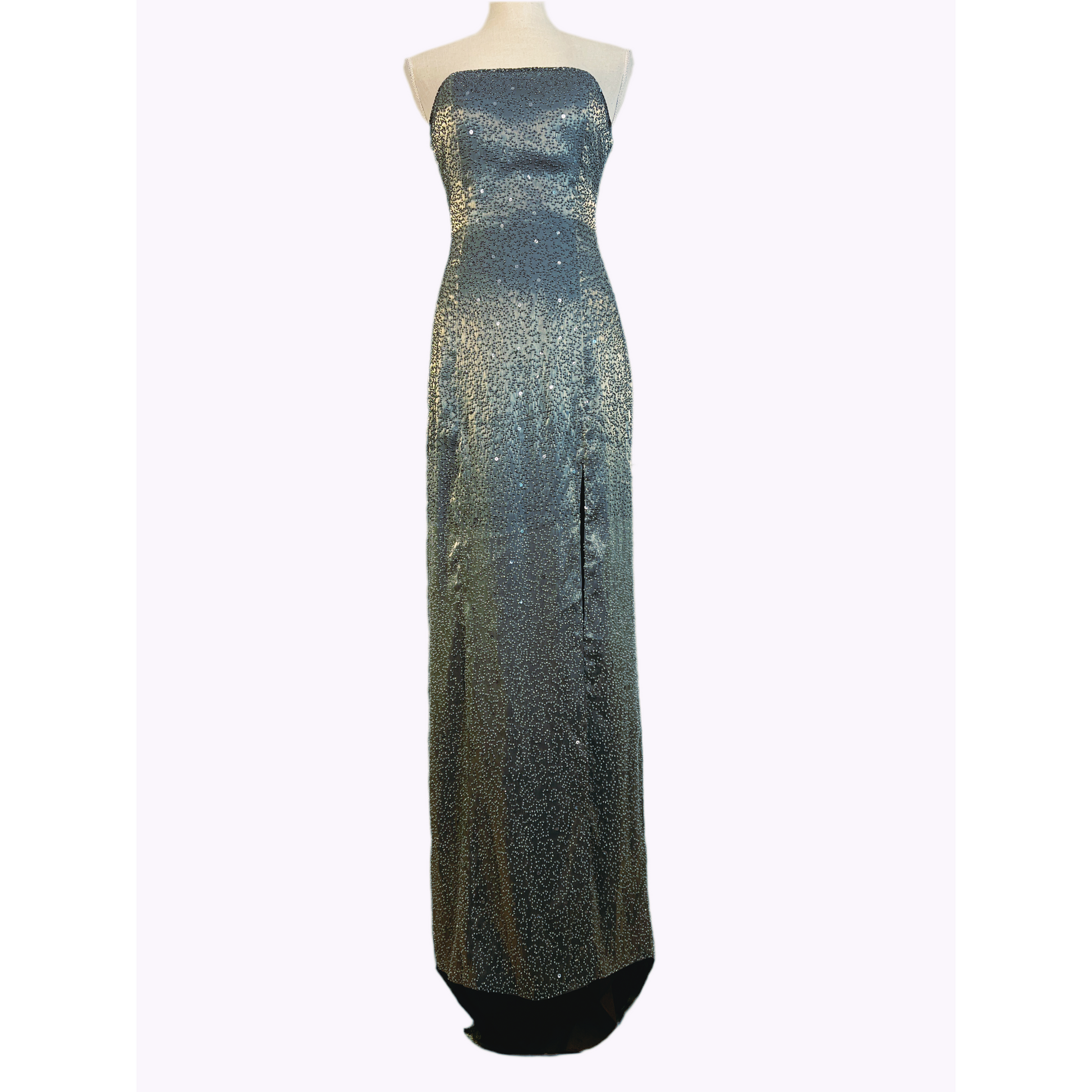 Stunning Vintage SUE WONG Iridescent Backless Embellished Satin Gown