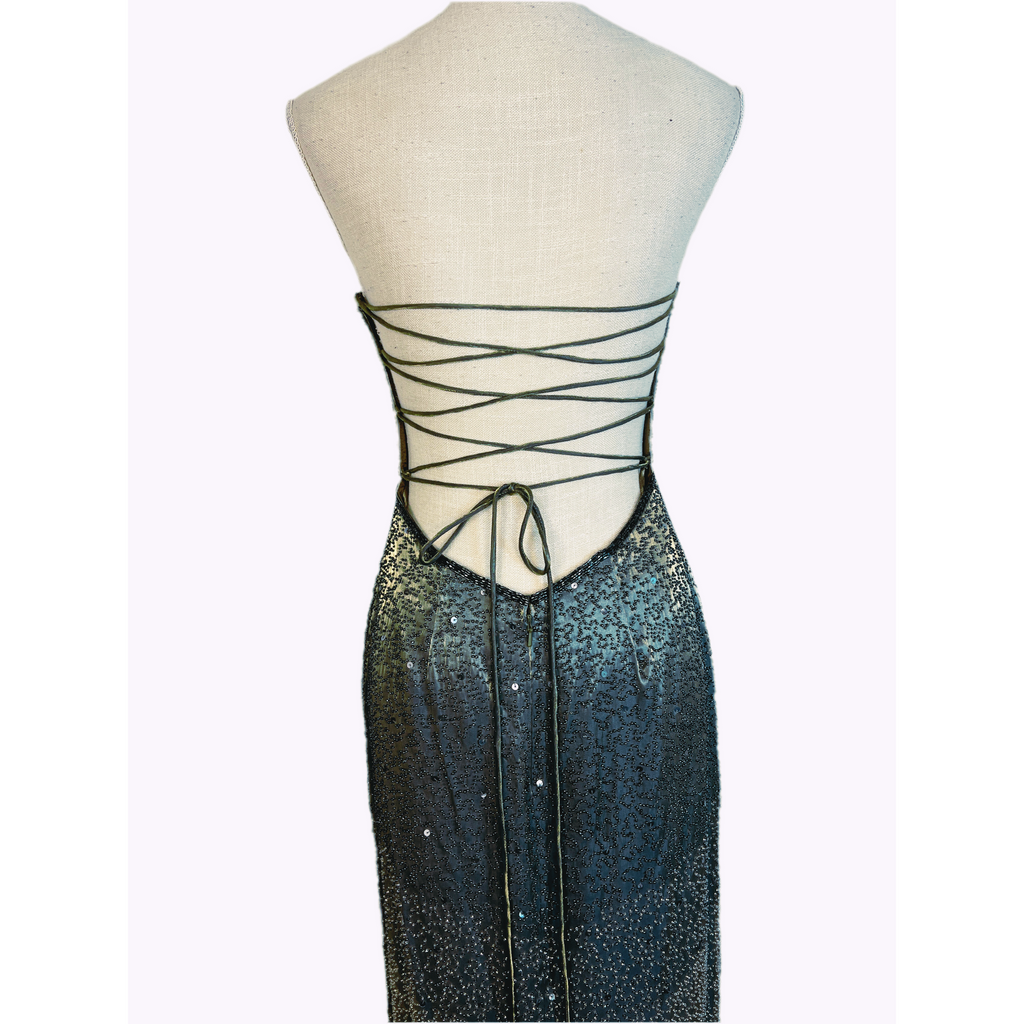 Stunning Vintage SUE WONG Iridescent Backless Embellished Satin Gown