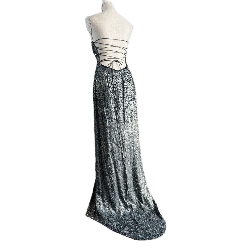 Stunning Vintage SUE WONG Iridescent Backless Embellished Satin Gown