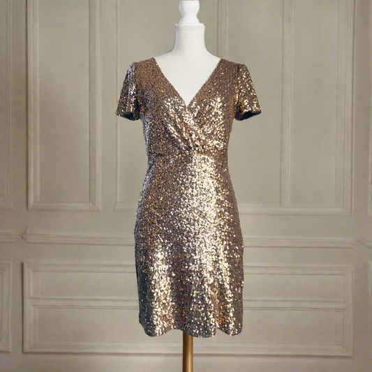 Women’s gold Sparkly mini Dress for wedding guest or special event cocktail party