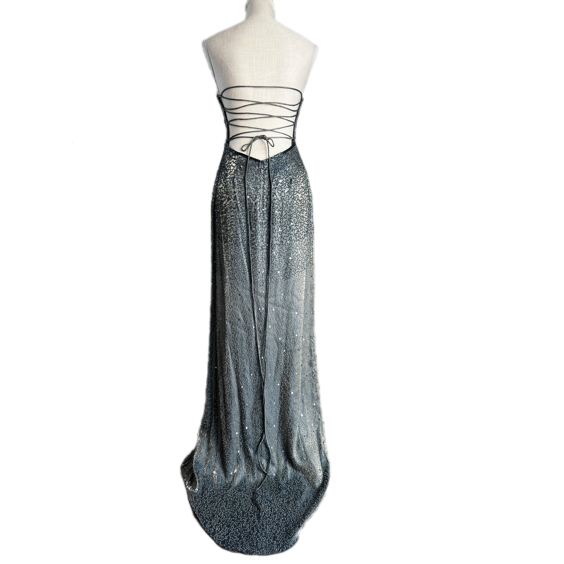 Stunning Vintage SUE WONG Iridescent Backless Embellished Satin Gown