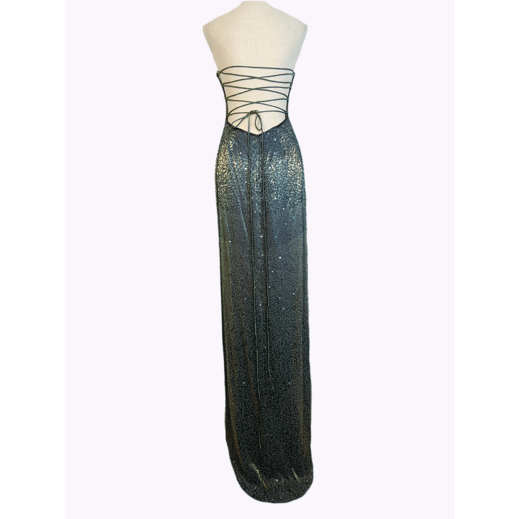 Stunning Vintage SUE WONG Iridescent Backless Embellished Satin Gown