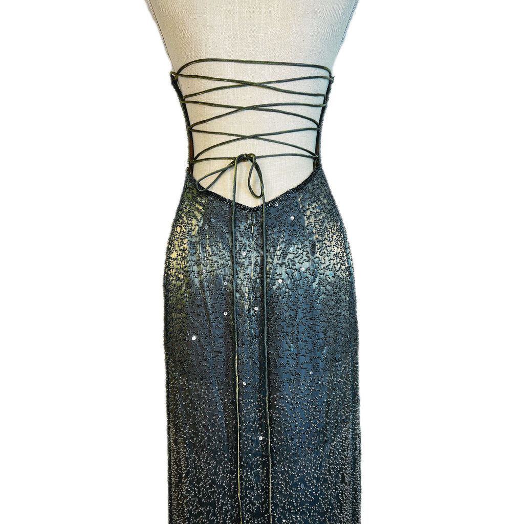 Stunning Vintage SUE WONG Iridescent Backless Embellished Satin Gown