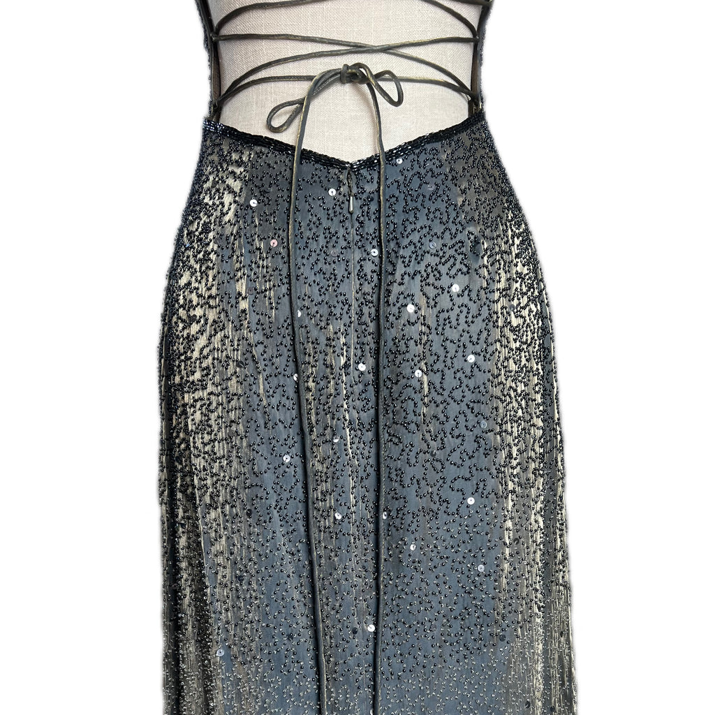 Stunning Vintage SUE WONG Iridescent Backless Embellished Satin Gown