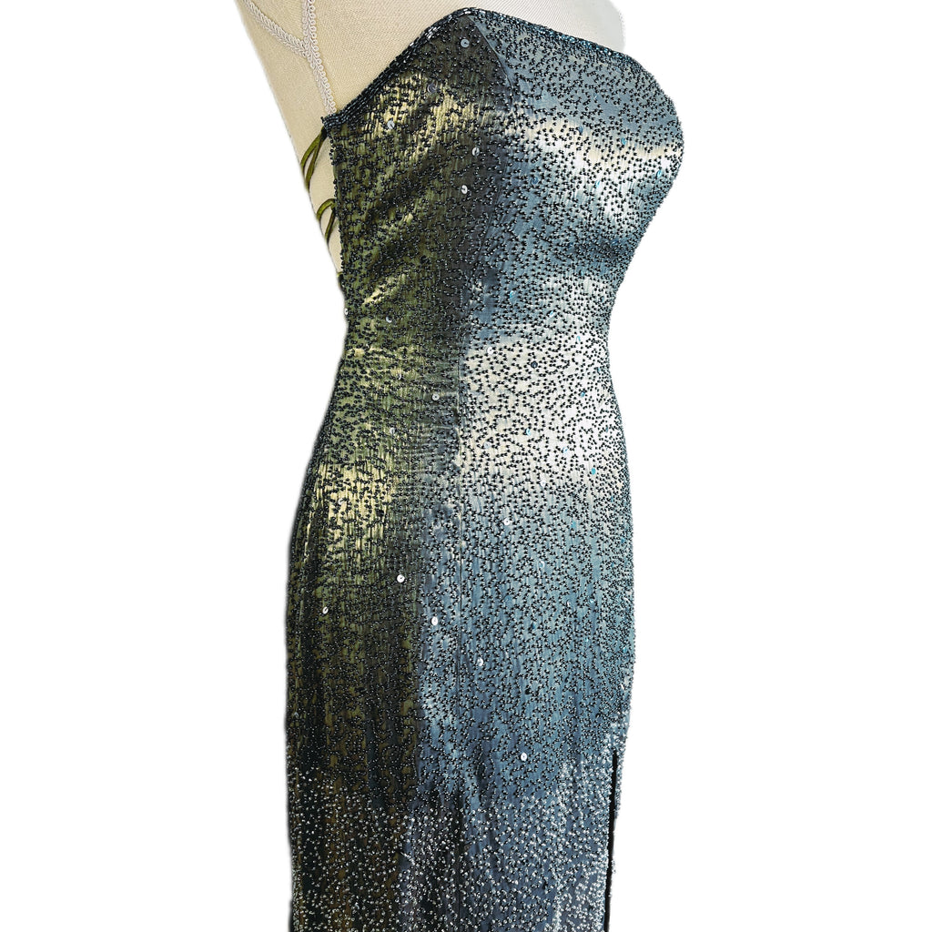 Stunning Vintage SUE WONG Iridescent Backless Embellished Satin Gown